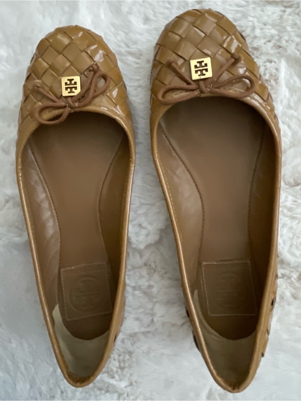 Tory Burch Cognac Woven Leather Ballet Flats with Logo Charm